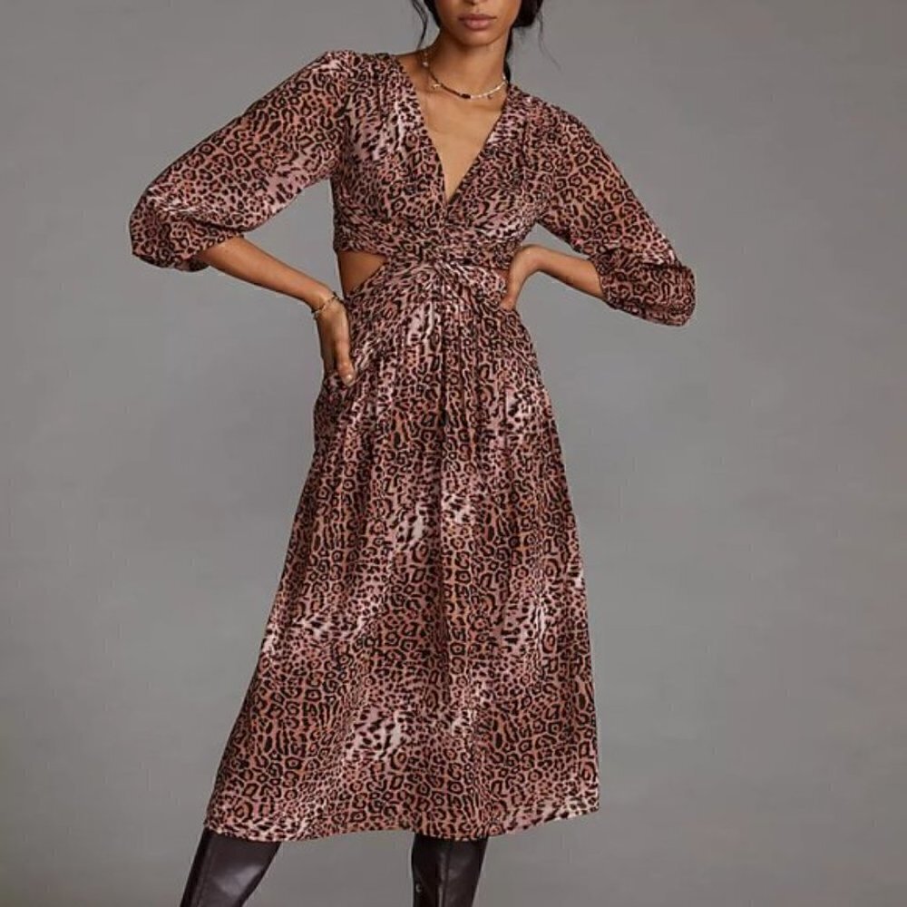 NWT Anthropologie Ranna Gill Cutout Animal Print Brown Midi Dress Size: XL